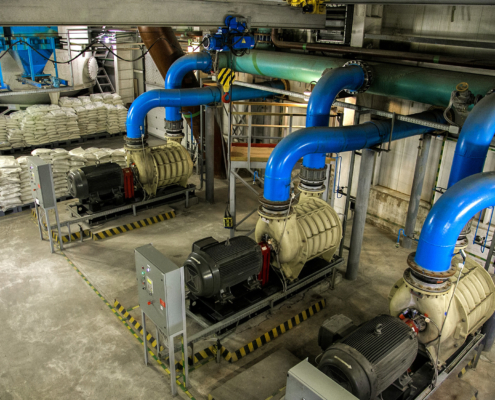 Aerial view to pumps of air pumping station of wastewater treatment plant